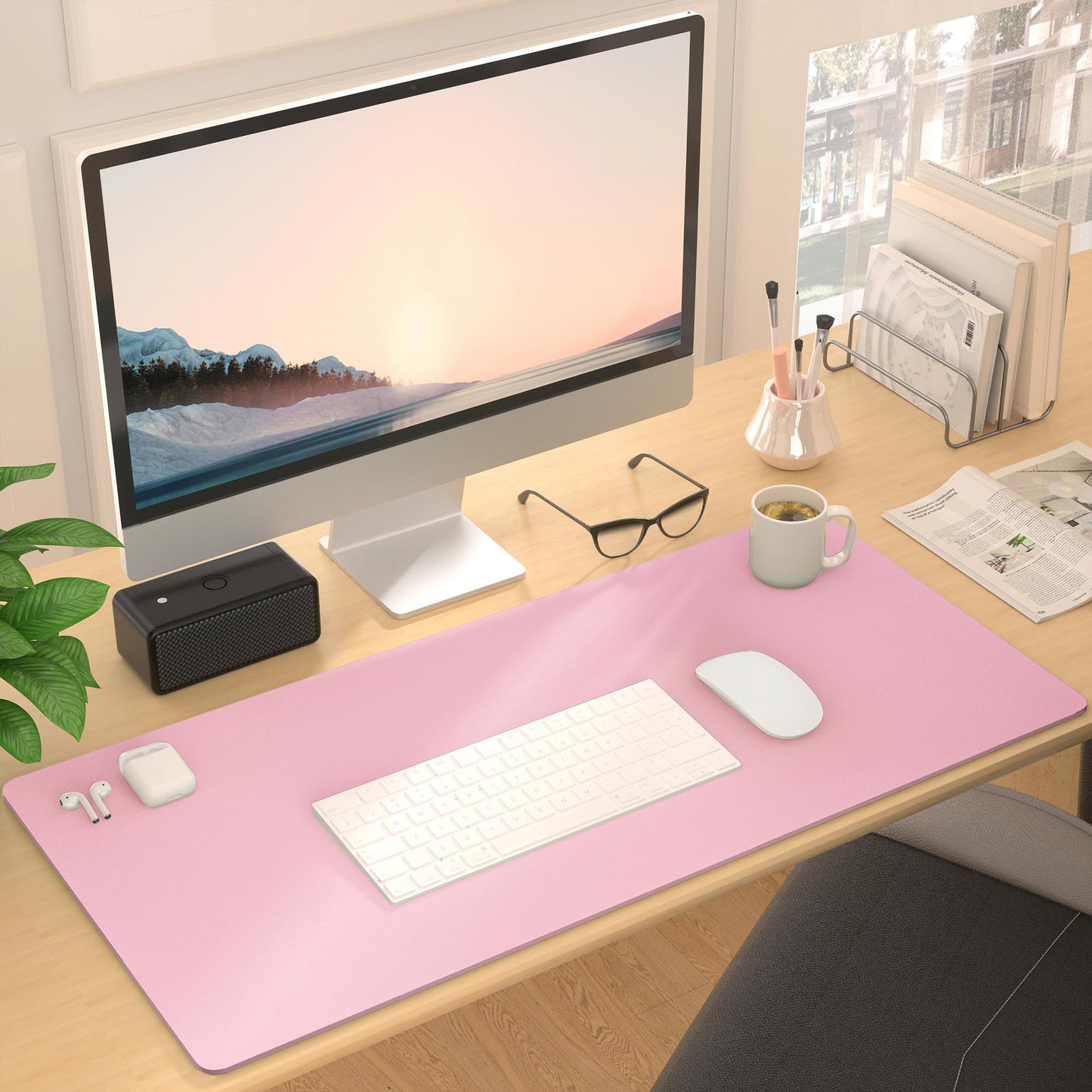 Leather Desk Pad Protector, Mouse Pad, Non-Slip Computer Mat for Desk, PU Leather Office Desk Mat for Home & Office, Waterproof Laptop Desk Blotter for Keyboard and Mouse, Pink (15.7''X31.5'')