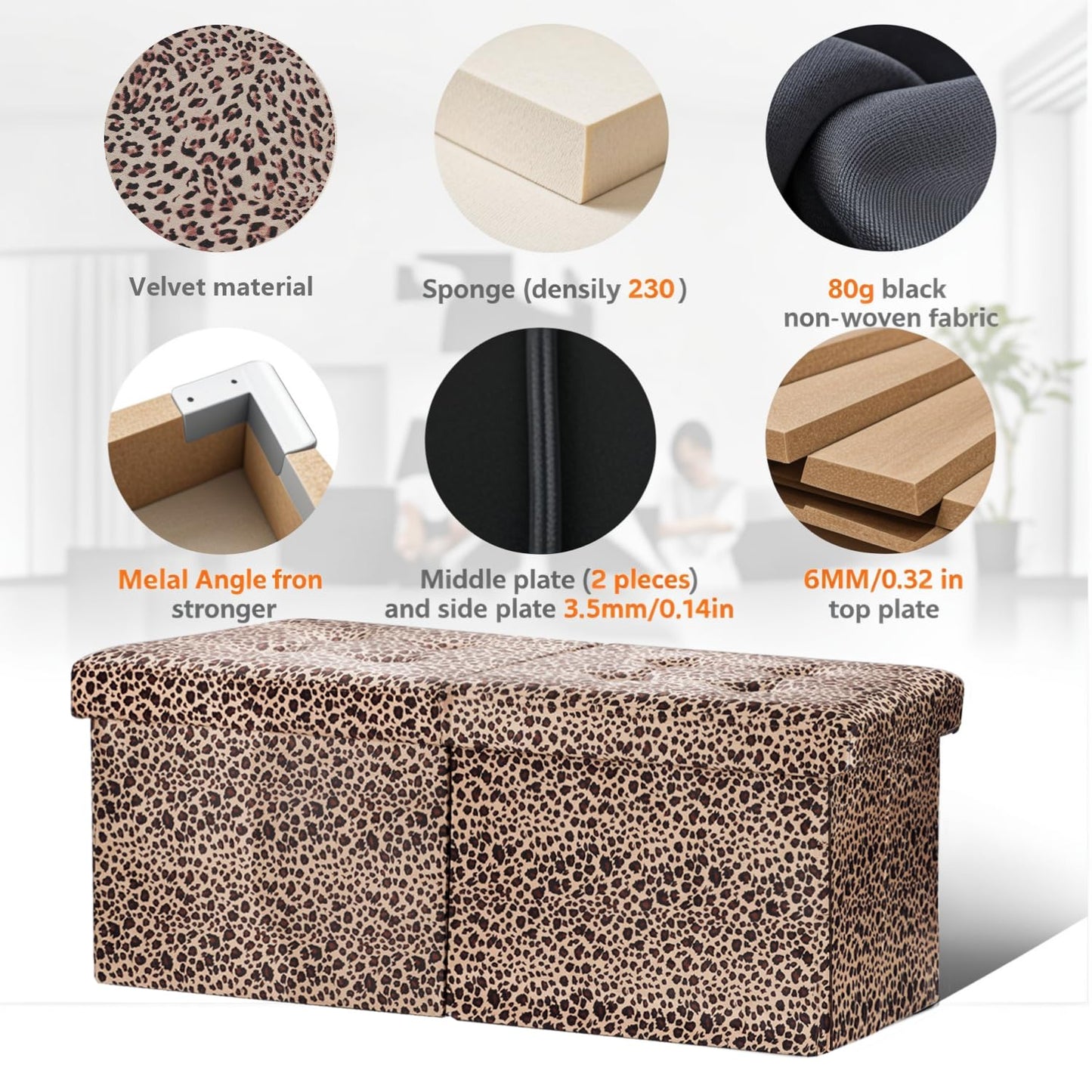 AmasSmile Footrest Ottoman Bench with Storage,34Inch Leopard Print Velvet Footstool, Coffee Table, Padded Seat, Storage Chest,Blanket Store with Flipping Lid for Livingroom and Bedroom
