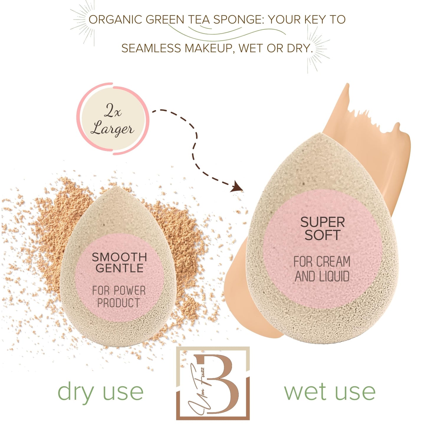 Bumfuzz Green Tea Beauty Sponge - Plant-Based, Eco-Friendly, Cruelty-Free, Dye-Free & Latex-Free Blender, Biodegradable & Vegan Makeup Sponge, Makeup Blender, Perfect for Liquid & Powder (3 count)