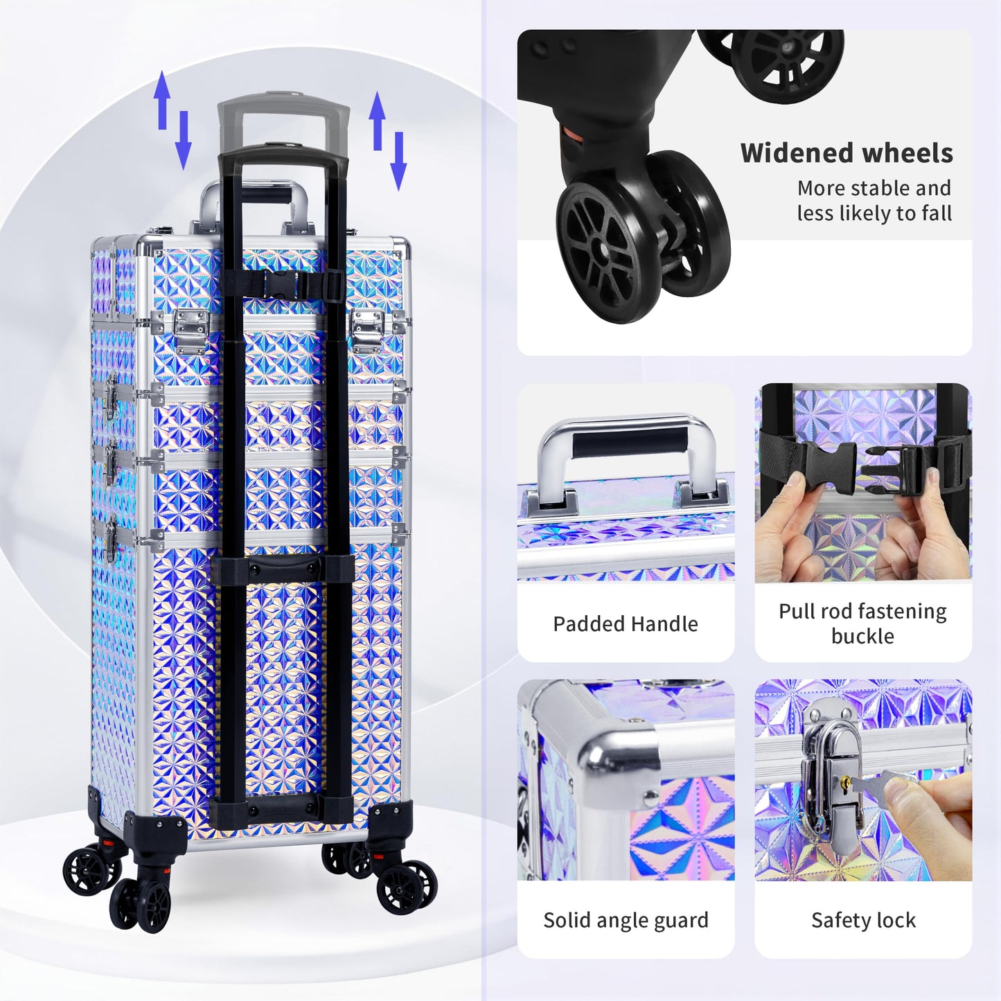 AROUS 5 in 1 Rolling Makeup Train Case Cosmetology Case on Wheels Large Cosmetic Organizer Travel Cart for Hairstylist Artist Nail Beauty Salon Barber,Silver