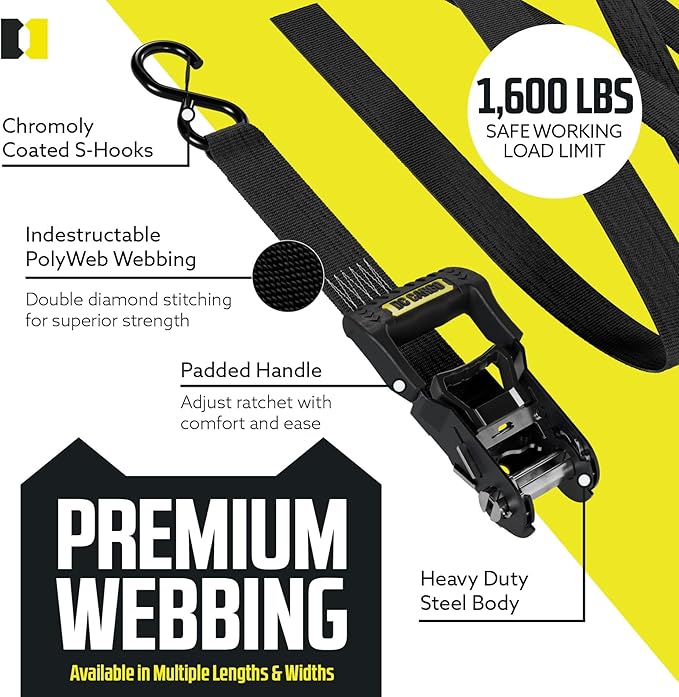 DC Cargo Mall Ratchet Straps Tie Downs 4 Pack (5,000 LB Break Strength) 1.5" x 8 Feet Tie Down Straps with Safety Lock S Hooks for Cargo, Trucks, Appliances, Moving