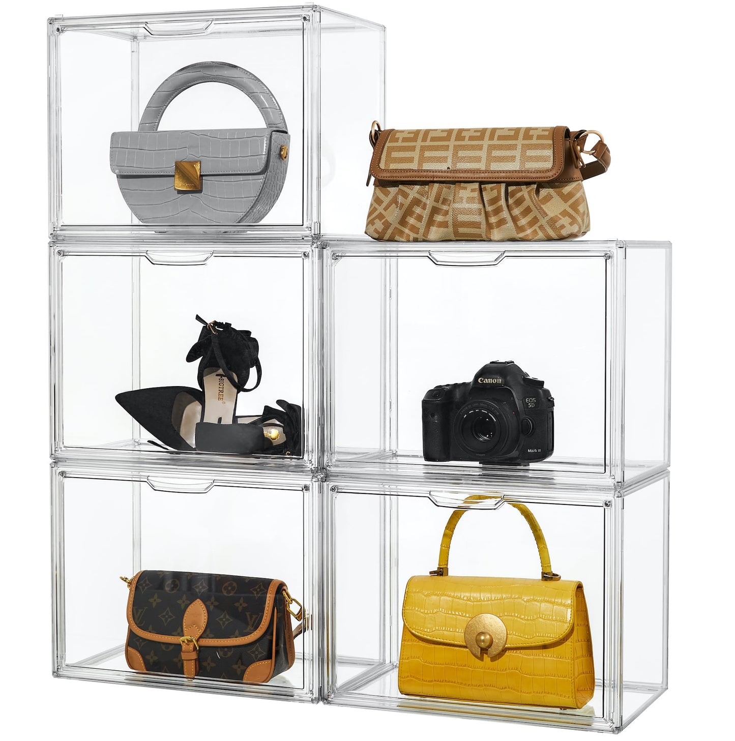 Attelite Purse Organizer for Closet, Acrylic Display Case for Handbag Organizer,Large Purse Storage with Magnetic Door,Stackable Clear Handbag Storage Bins for Collectibles,Cosmetic,Heels,5 Pack