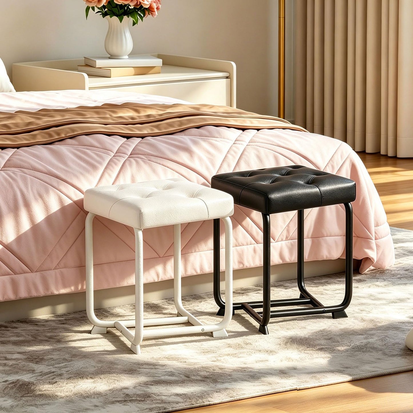 BEWISHOME Black Vanity Stool, Leather Vanity Stool, Small Stool Chair for Vanity, Square Ottoman Foot Stool, Makeup Vanity Chairs with Thick Padded Seat for Bathroom, Bedroom, Entryway, KFD01B