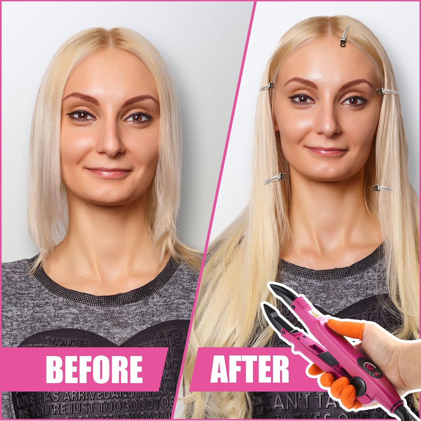 Keratin Hair Extension Kit: Heat Iron, Keratin Glue Granules, Protector Templates, Hair Clips, and Finger Protector(Pink)