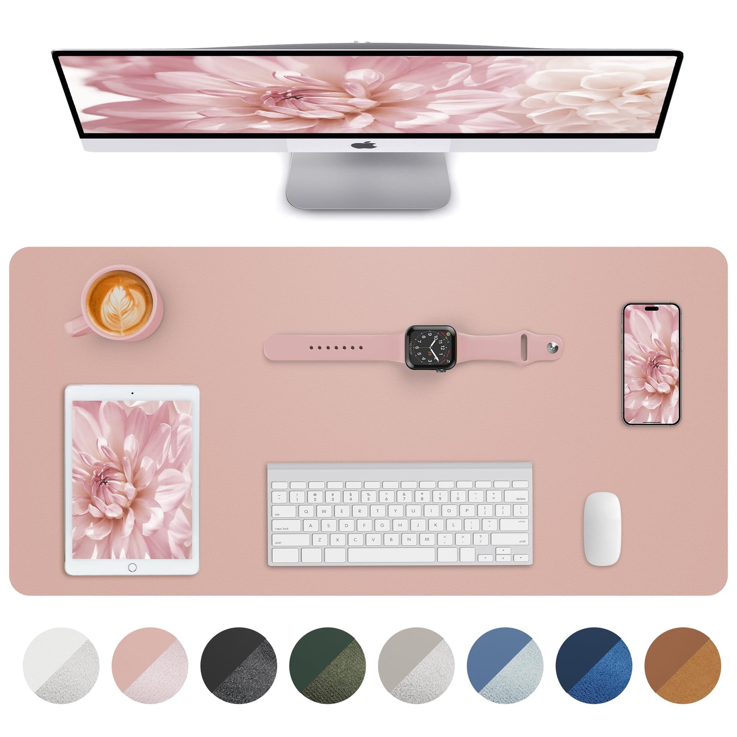Makeup Mat for Vanity, PU Leather Desk Pad Blotter,Waterproof & Oilproof Desk Protector, Easy Clean Beauty Station Mat for Dresser Top, 35x17 Inches, Pink