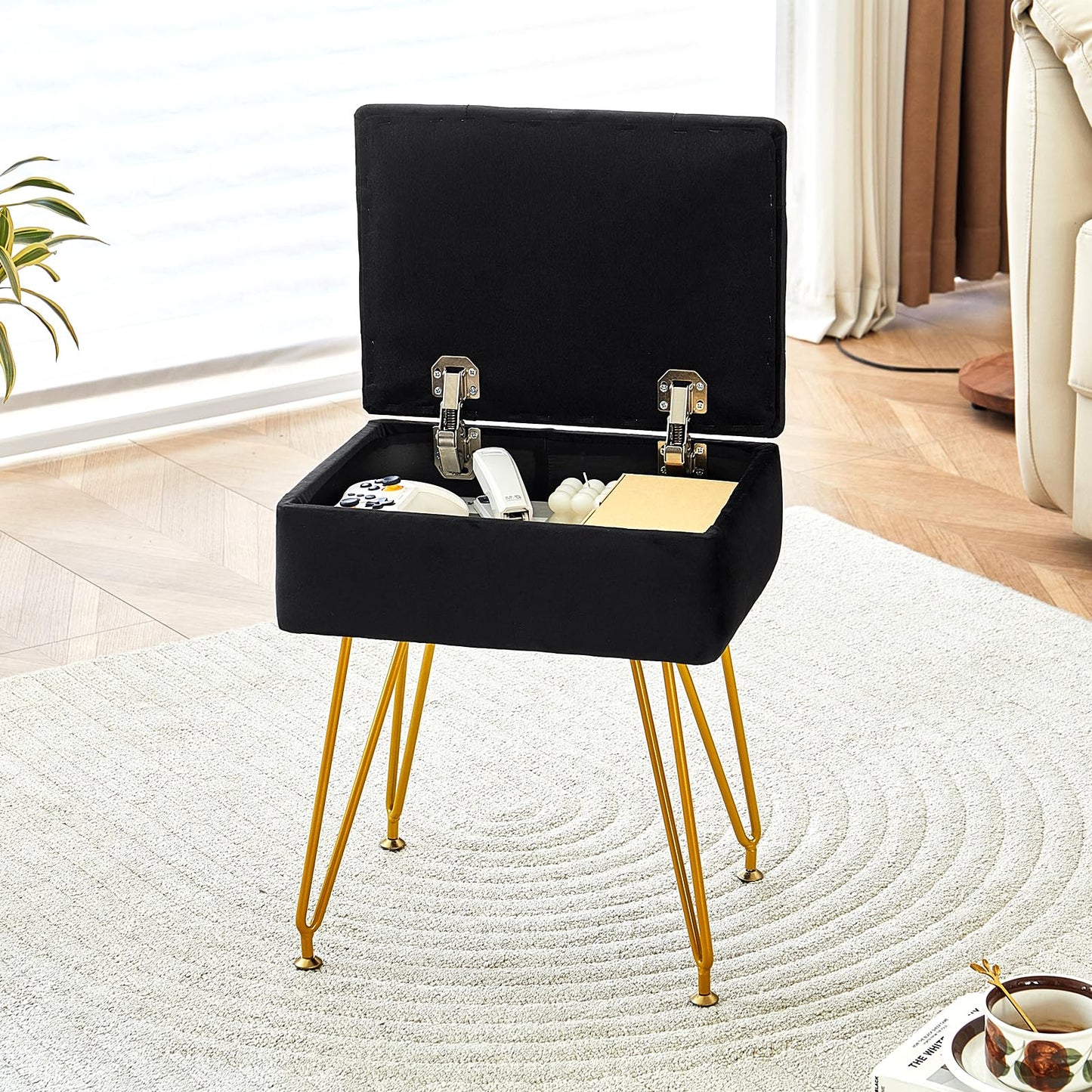 ALeesing Vanity Stool with Storage, Velvet Makeup Stool with Flip Top, Square Ottoman Chair with Metal Legs & Adjustable Feet for Bedroom Living Room, Black