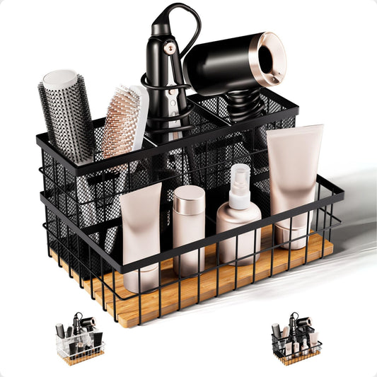 HB Design Co. Hair Tool Organizer - Countertop & Under Sink - Breathable Metal & Bamboo - Hot Hair Tools Organizer - Black
