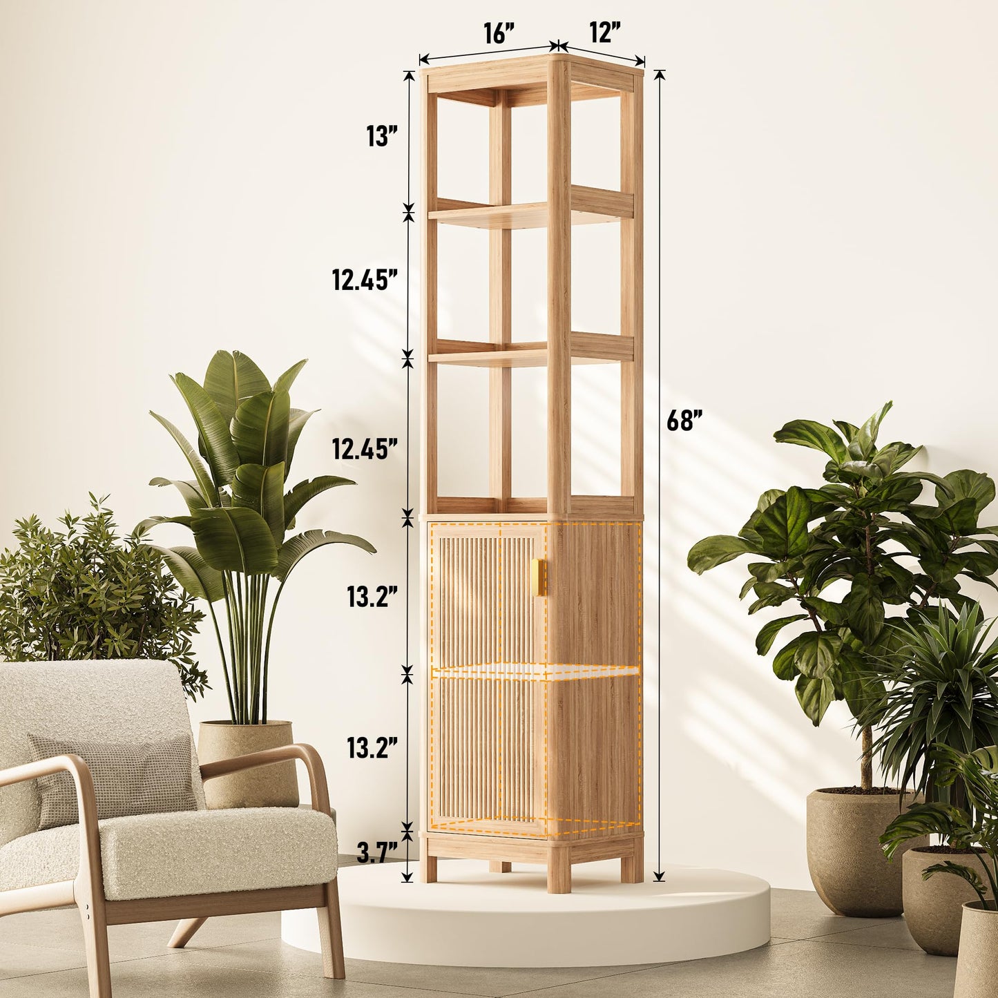 INNOD 68'' Tall Narrow Storage Cabinet with Adjustable Shelf and Door, Bathroom Storage Cabinet, Space Saver for Bathroom, Kitchen, Living Room, Natural Oak