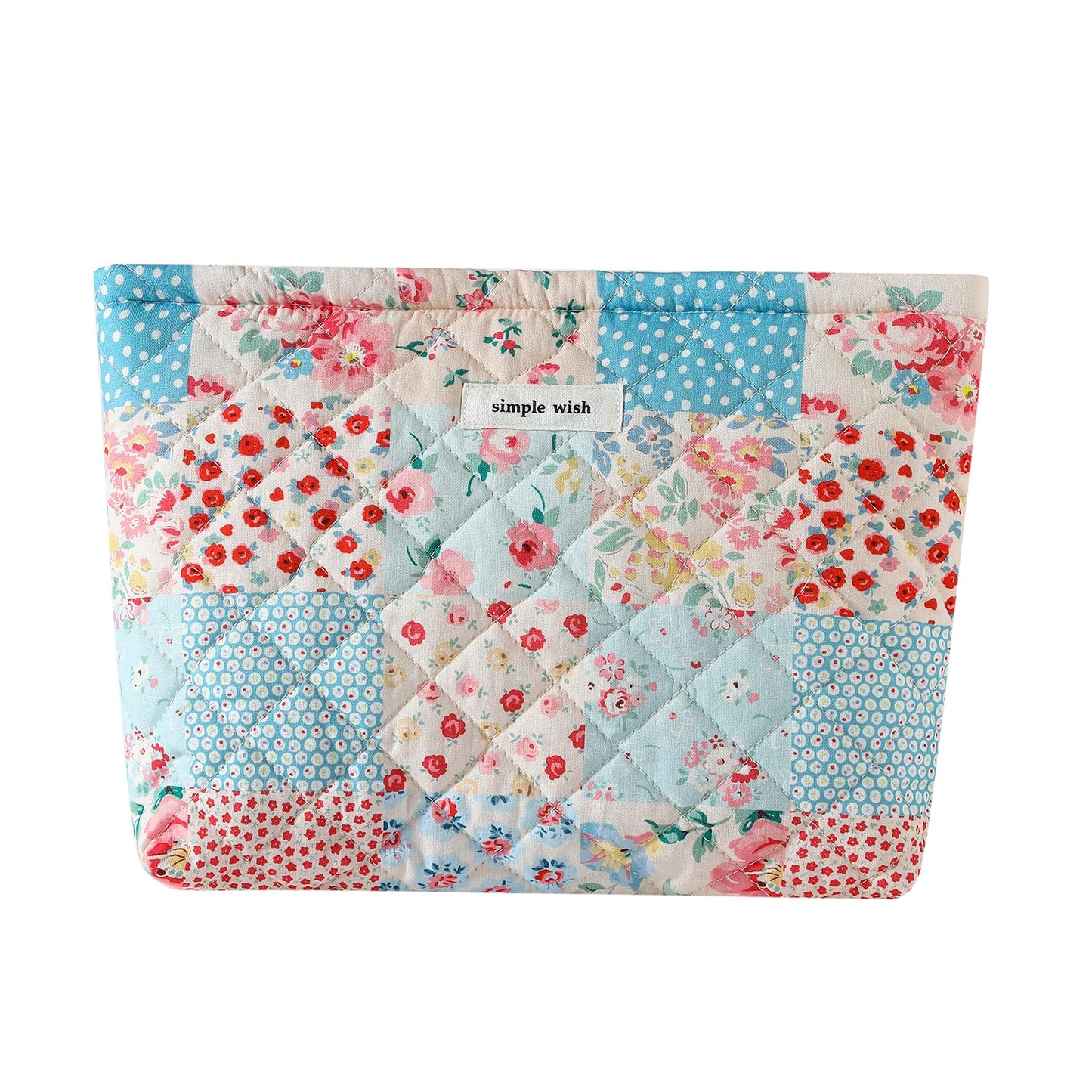uekeboag Quilted Floral Cotton Makeup Pouch,Coquette Quilted Cosmetic Bag for Women and Girls, Aesthetic Organizer Bag, Flower Cute Travel Toiletry Bags(Checker Red Flower)