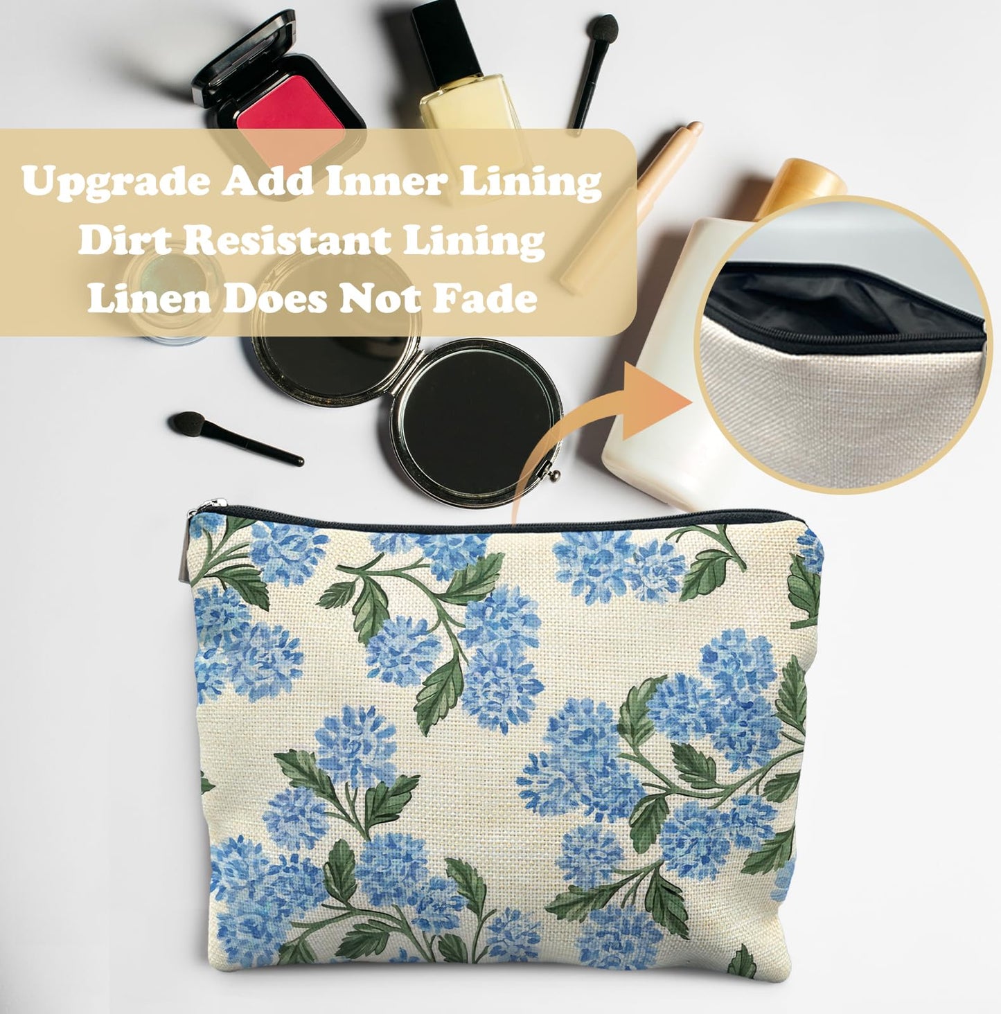 Elpwk Blue Hydrangea Floral Makeup Bag for Women, Hydrangea Gifts Cosmetic Bags,Gifts for For Mom Friends Teen Girl & Women Travel, Blue Floral Zipper Makeup Pouch for Purse