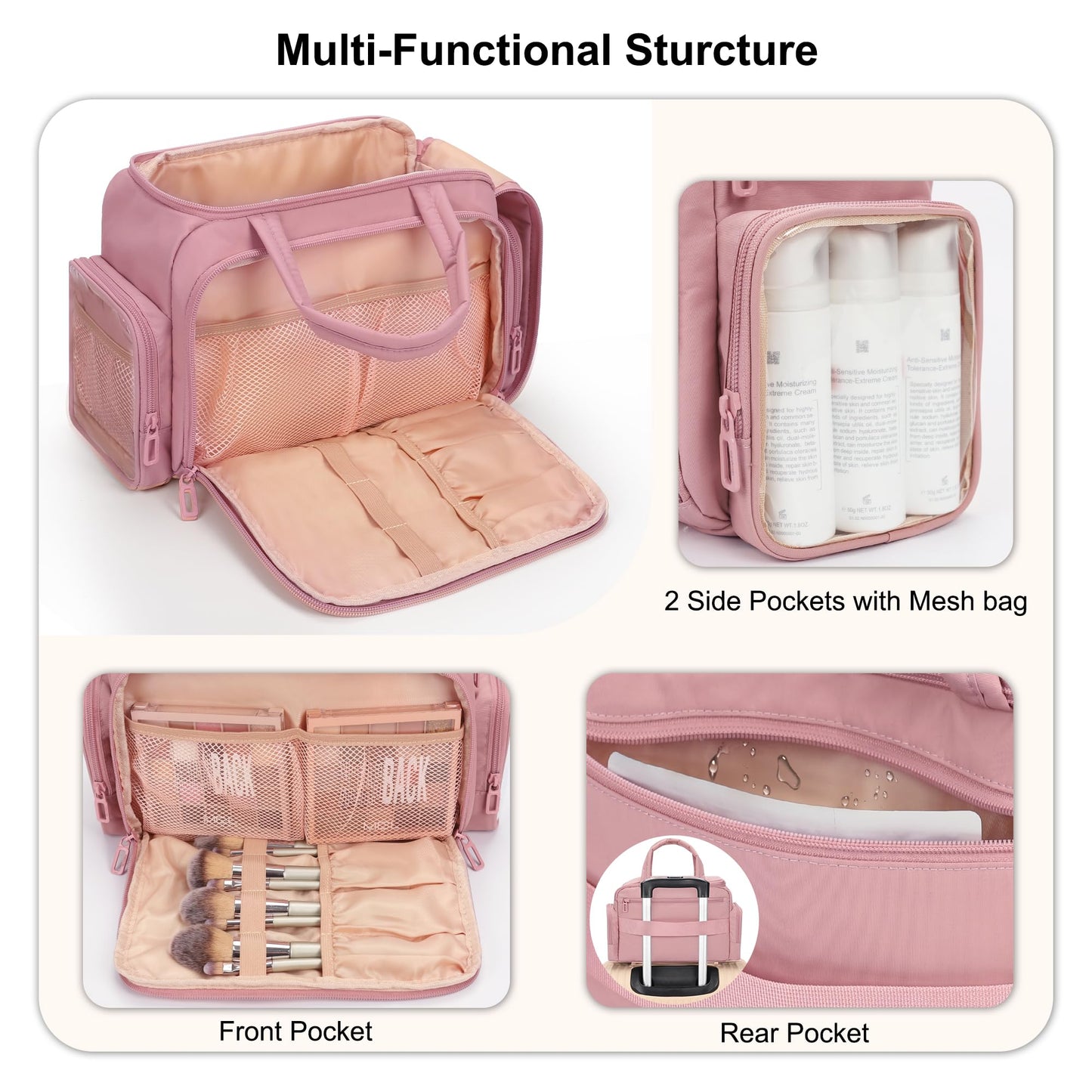 WGEAR Travel Cosmetic Bag for Women, Lightweight Wide-open Makeup Travel Bags for Toiletries with 2 Removable Dividers, Large Makeup Organizer with Brushes Board, Multi Pockets for Gym, Daily, Pink