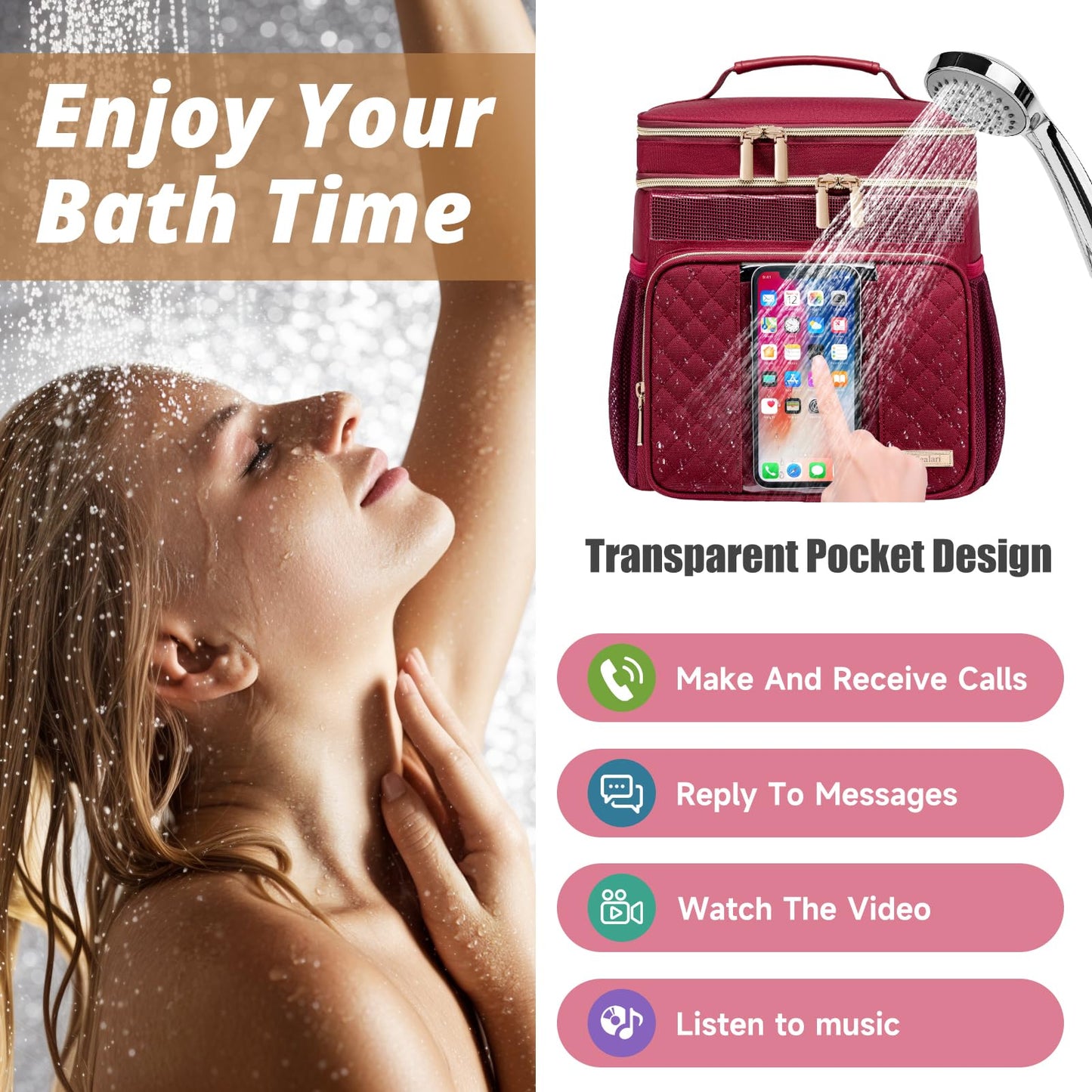 Tealari Large Toiletry Bag for Women Men,Bathroom Bag,Water Resistant Shower Bag,Makeup Bag,Portable Shower Caddy for College Dorm,Hanging Travel Toiletry Bag with Transparent Waterproof Phone Pocket