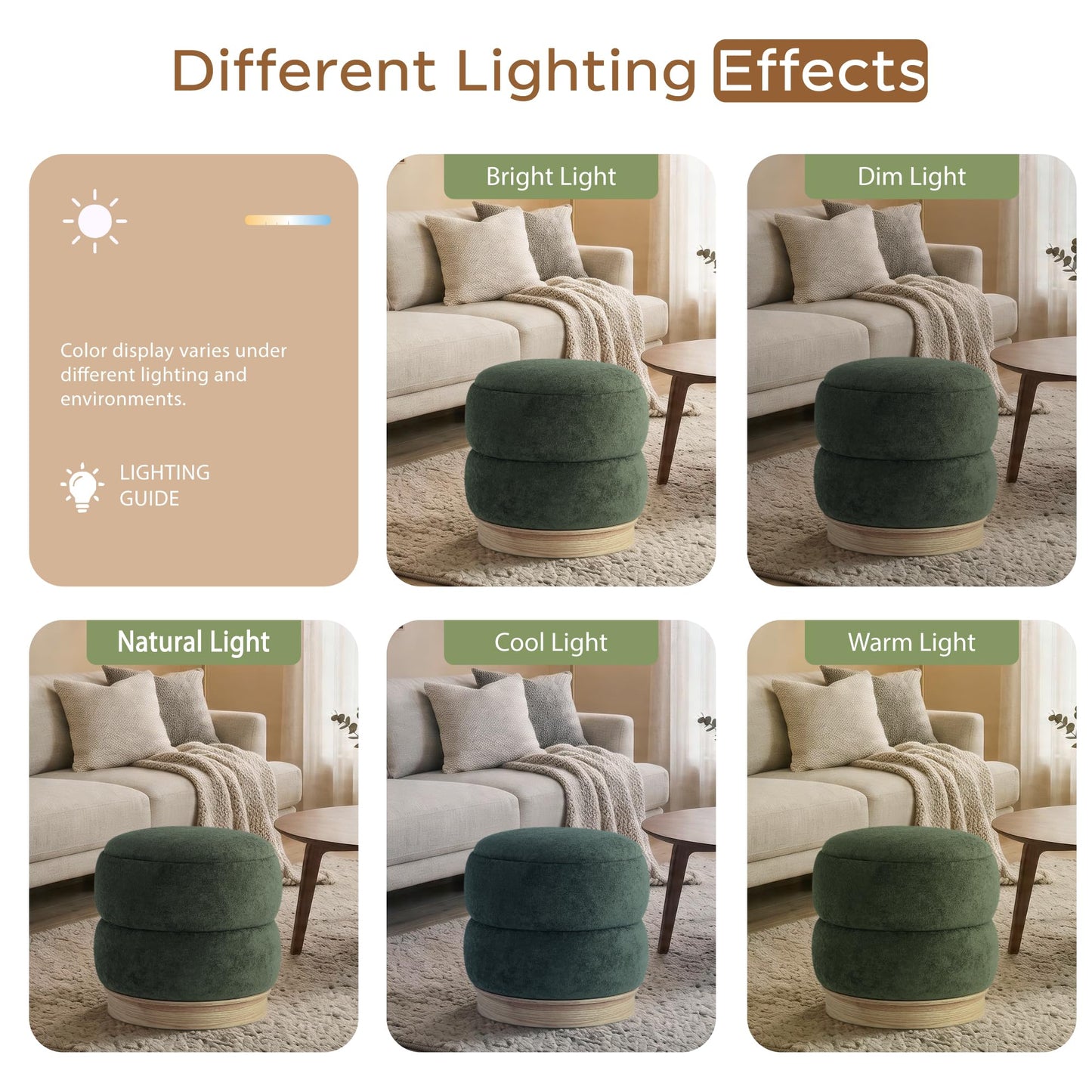 Get Set Style Round Ottoman with Wooden Base, Storage Vanity Stool for Makeup, Upholstered Footrest Stool Ottoman Foot Stool for Living Room, Bedroom