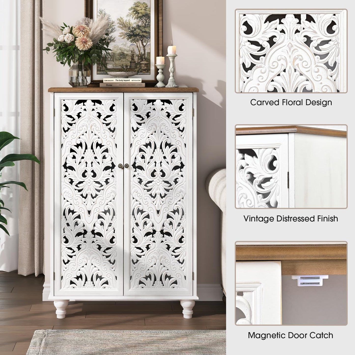 JOINICE 47" Tall Accent Cabinet with Carved Doors & Storage for Living Room,White Cabinet with Solid Wood Legs & 100lbs Capacity, Farmhouse/Rustic/Boho Style for Dining Room, Bedroom, Hallway, Study