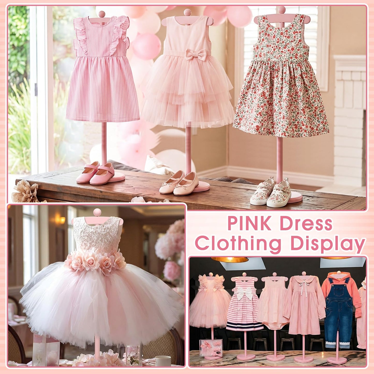 Bucherry 2 Pack Baby Clothes Display Stand Wooden Baby Shower Centerpiece Adjustable Height Circle Shaped Dress Hanger Doll Dress Outfit Stand Rack Hand Assembled Hangers Display Set (Pink Color)
