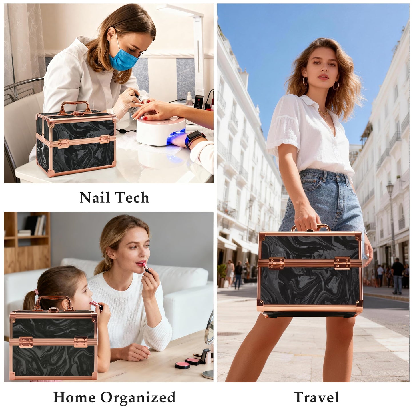 GALHUBIS Makeup Train Case, Portable Makeup Case with Mirror, 2-Trays Cosmetic Organizer Case,Nail Polish Organizer, Travel Makeup Box, Profesional for Salon Barber, Rose Gold Black