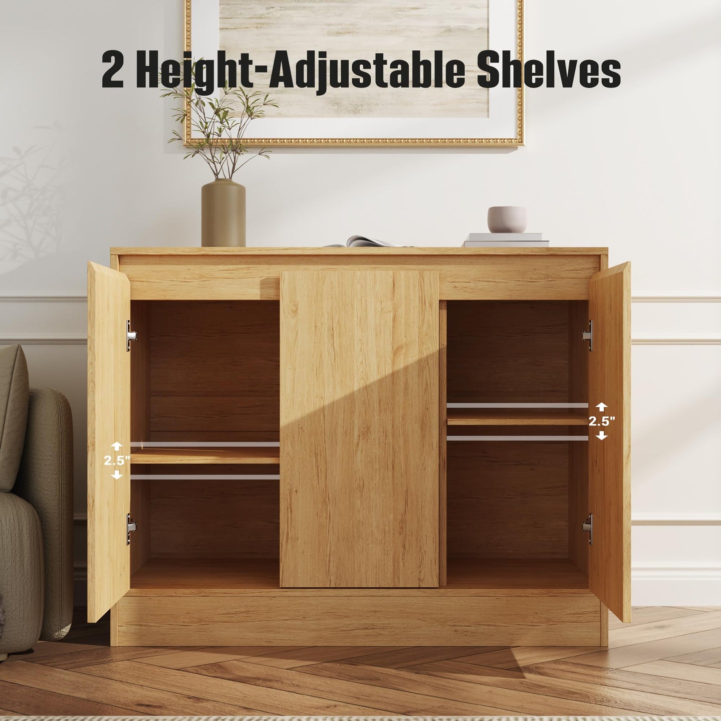 Housoul Buffet Cabinet with 3 Doors, Modern Kitchen Buffet Sideboard, Wood Coffee Bar Cabinets with Adjustable Shelf for Living Room, Dining Room, Entryway, Natural