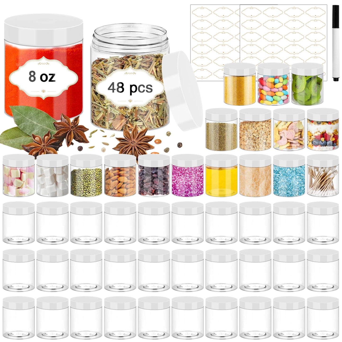 PeacePeo 8 OZ Plastic Jars, 48 Pcs Clear Plastic Jars with Lids Stackable Leakproof Storage Containers Jar Clear Empty Slime Containers with White Lids for Kitchen and Household Food Storage