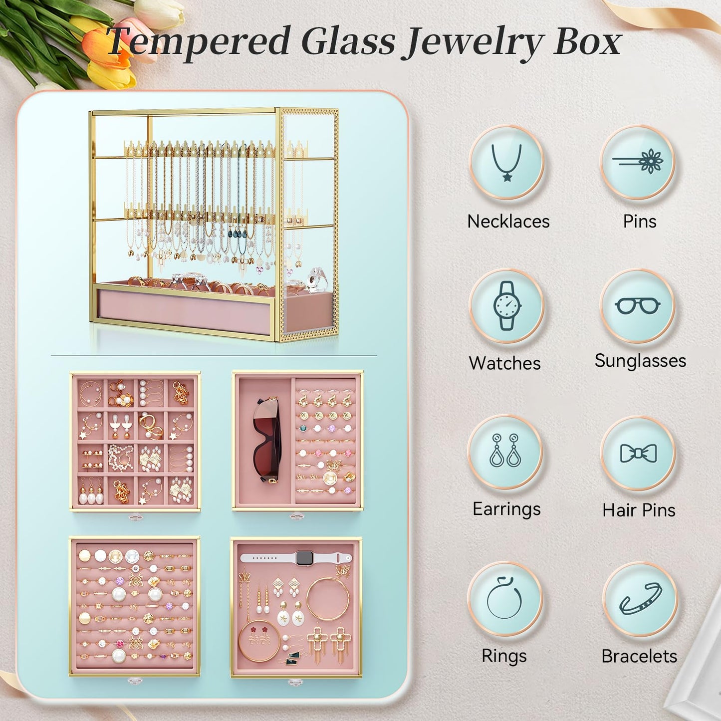 Youdepot 2-Piece Hair Tool and Jewelry Organizer Set – Tempered Glass Makeup, Jewelry, and Hair Styling Tool Storage for Vanity and Countertop – Elegant, Multipurpose Organizer for Home and Gift Use
