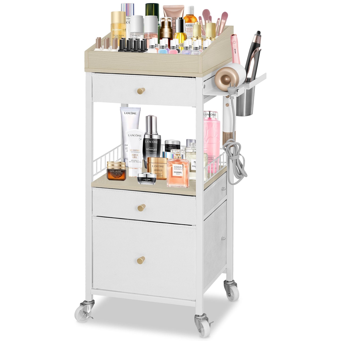 NauwaBarn Makeup Organizer Cart with 3 Drawers, Large Cosmetic Organizer with Detachable Hair Tool Holder, Makeup Cabinet Cosmetic Display Cases for Skin Care Perfume Nail Polish, White & Natural