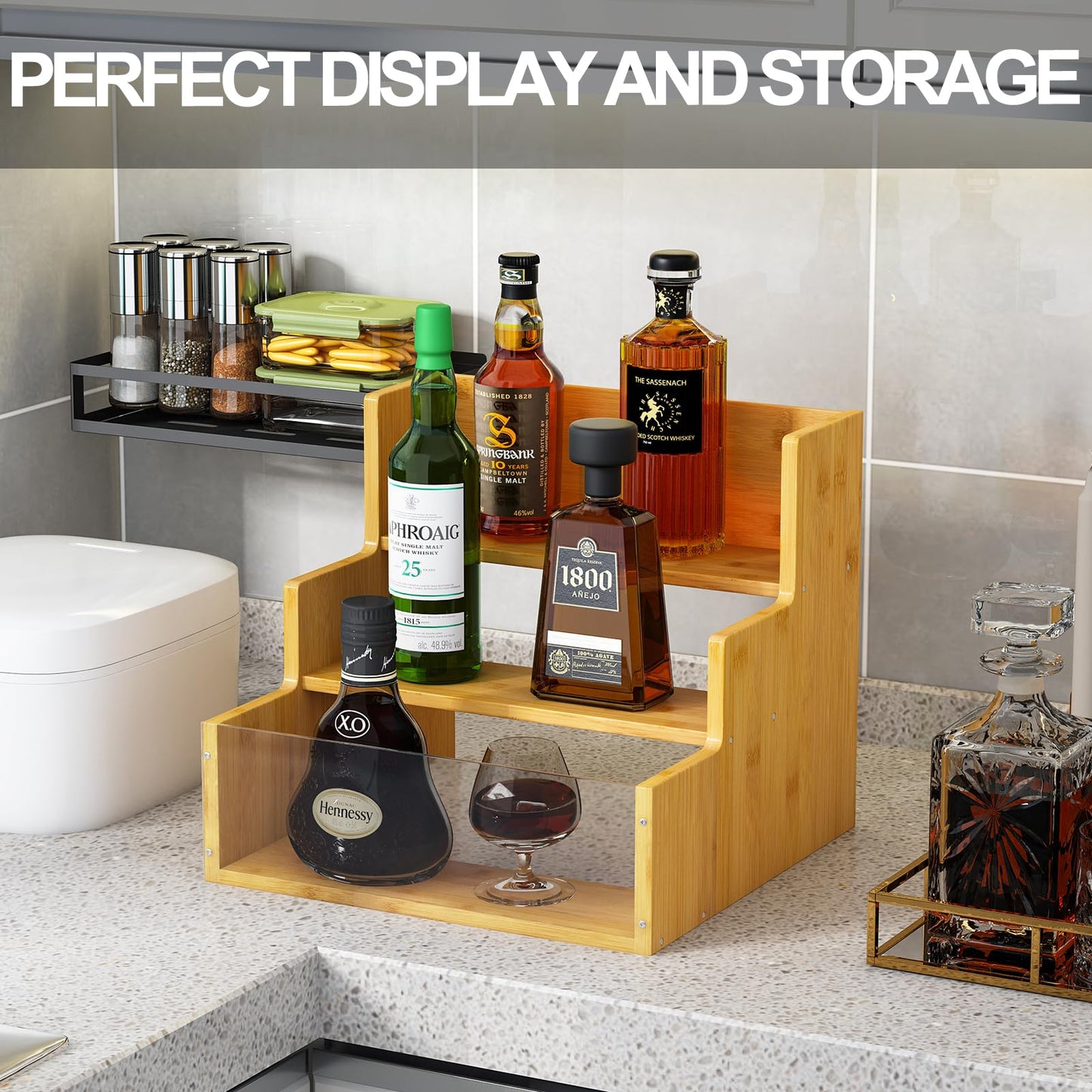 AEEHFENG Liquor Bottle Display Shelf Bar Shelves - Bamboo 12 Bottle Syrup Rack for Coffee Bar, Wine Bottle, Spices, Liquor and Whiskey Bottle Display