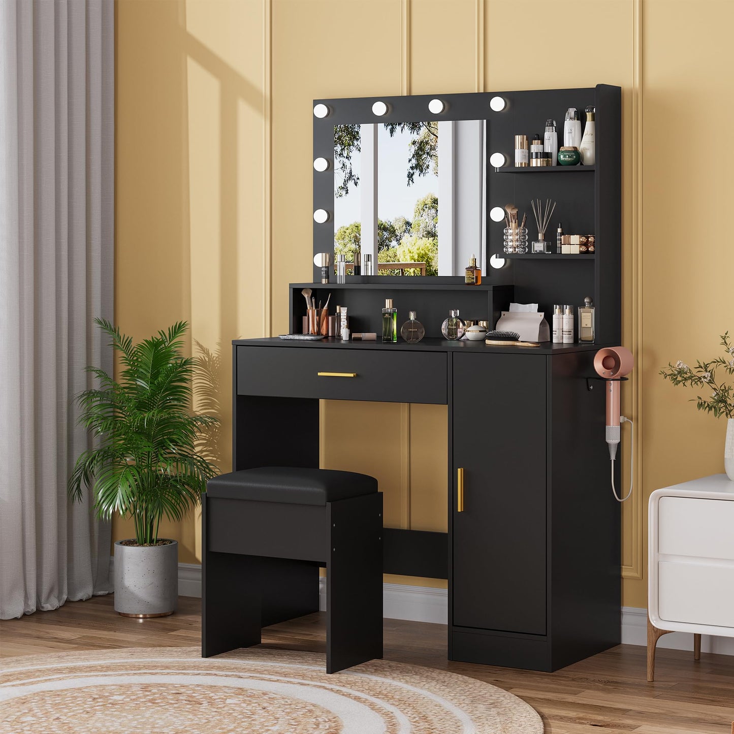 Garvee 35.4-Inch Vanity with Mirror, Featuring Three-Level Adjustable Lighting, a Drawer Unit, Shelves, an Outlet, and a Stool. a Compact Vanity Suitable for Living Rooms and Apartments – Black