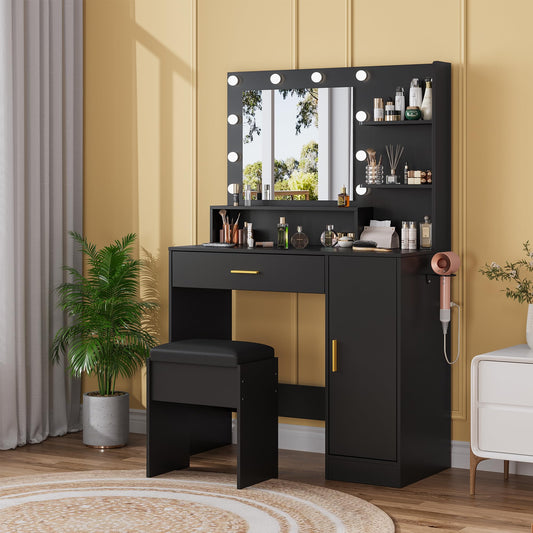 Garvee 35.4-Inch Vanity with Mirror, Featuring Three-Level Adjustable Lighting, a Drawer Unit, Shelves, an Outlet, and a Stool. a Compact Vanity Suitable for Living Rooms and Apartments – Black