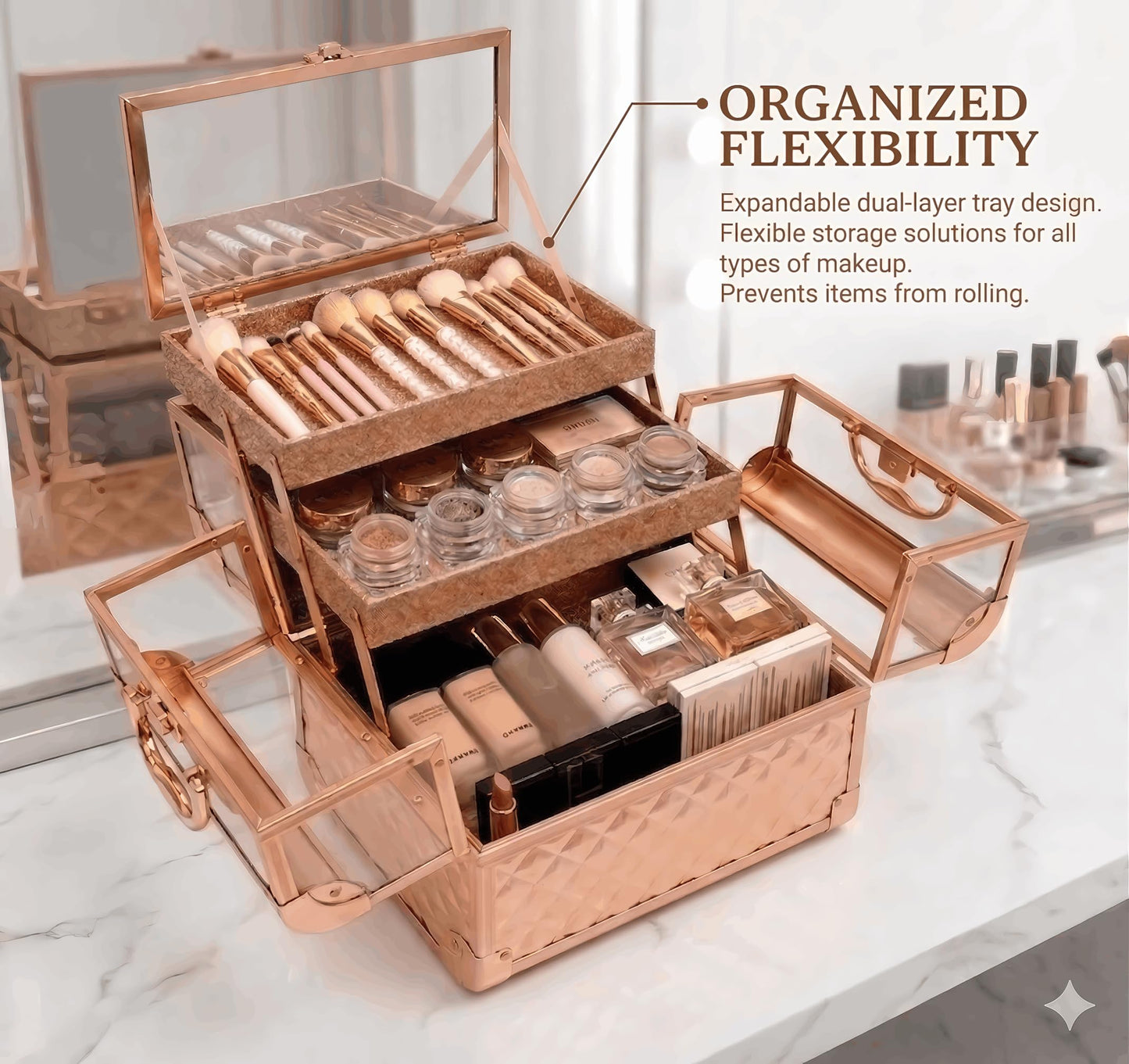 VETALLO Makeup Train Case Travel - Portable Cosmetic Storage Organizer Box Adjustable With 2 Trays, With Lock And Compartments,8.4 Inch Gold