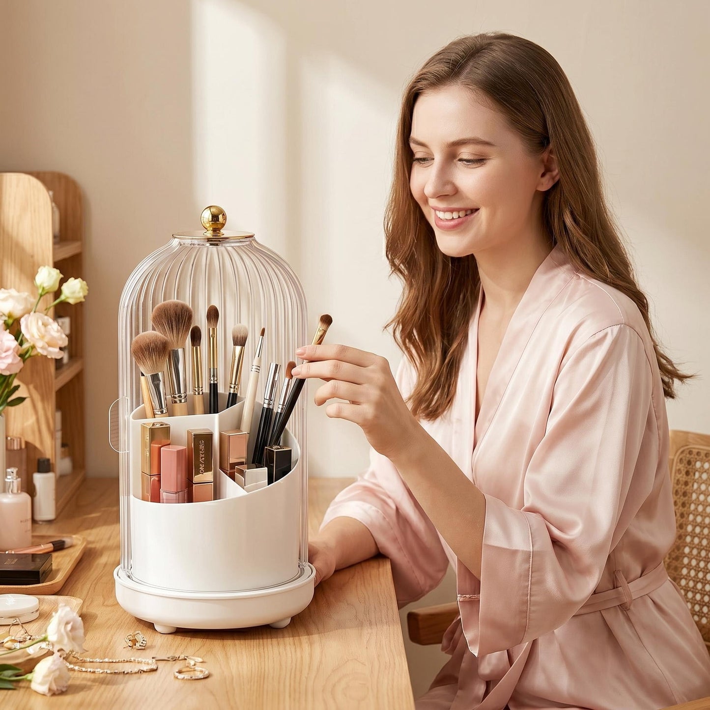 Makeup Brush Holder with Lid Rotating Clear Dustproof Make Up Organizers for Vanity Makeup Brush Storage Box Toothbrush Holders Toothpaste Holder Bathroom Counter Stand Sink Organizer Caddy for Vanity