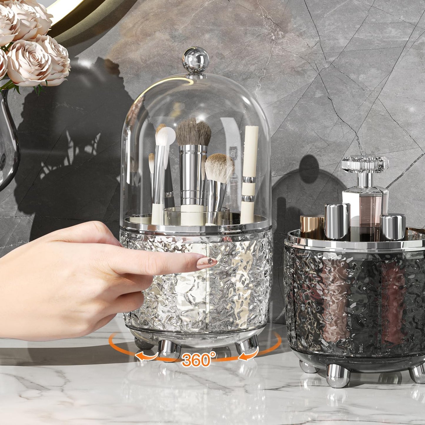 JUPITER WARRIOR Makeup Brush Holder with Lid and 360 Rotating Makeup Organizer for Dresser Bathroom Countertop and Kitchen, Ideal Gift for Girlfriend Wife Friends (Clear)