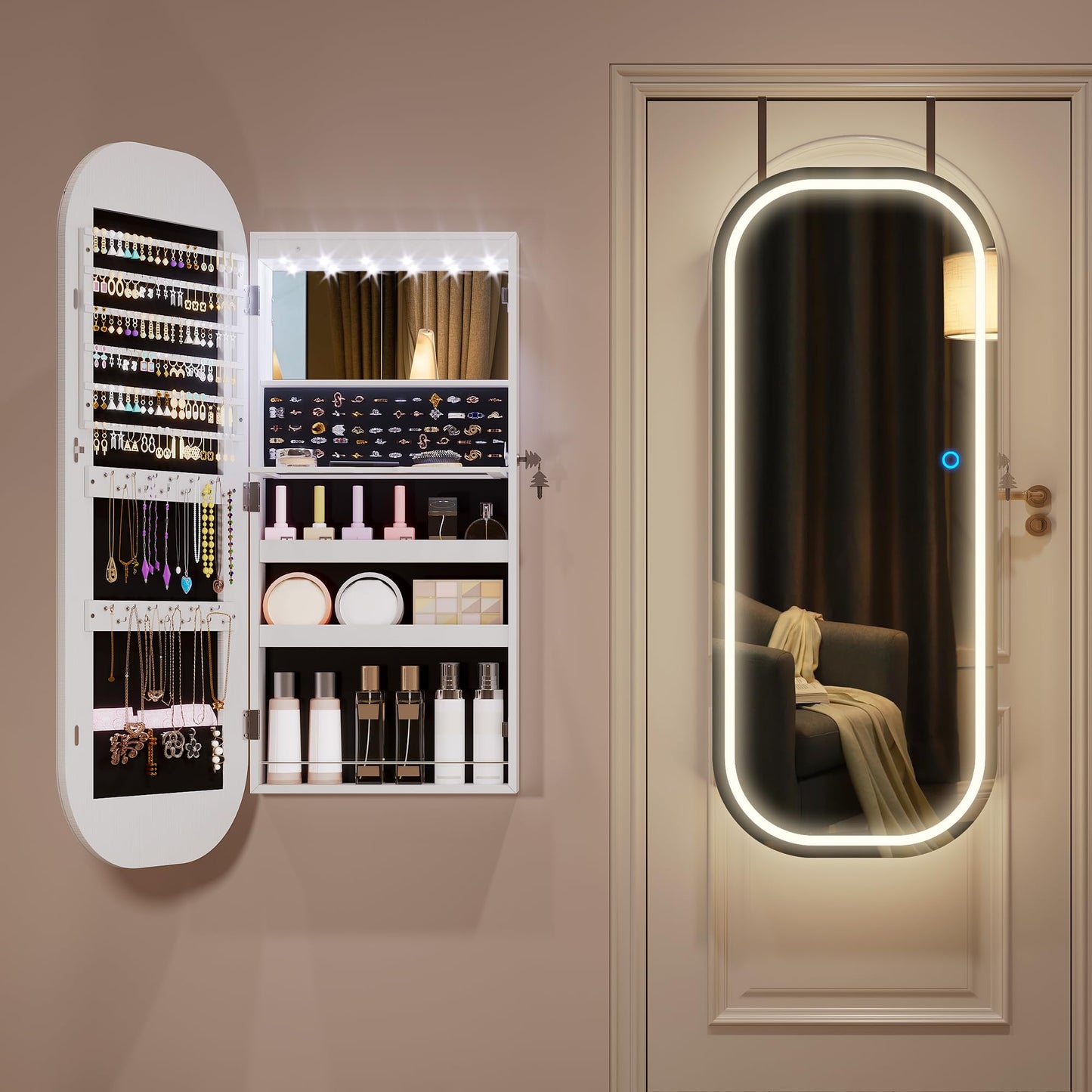 LVSOMT LED Mirror Jewelry Cabinet, Wall/Door Mount Jewelry Mirror Organizer, Rounded Full Length Mirror with Storage, Lockable Jewelry Armoire, 16" Wide, Foldable Shelf, Interior Mirror, White