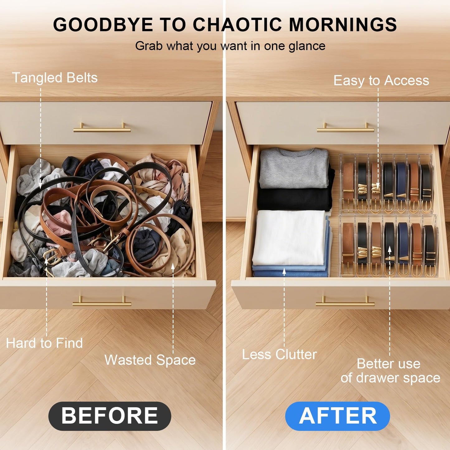 Acrylic Belt Organizer - Clear Belt Storage Holder for Closet with Removable Dividers - 7 Compartments and Display Stand