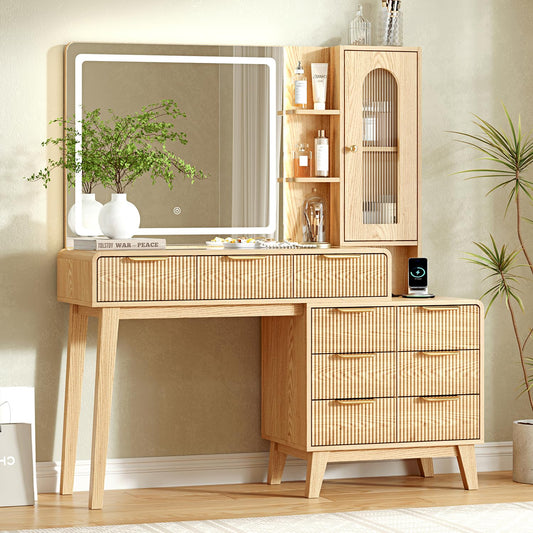 Glass Top Makeup Vanity with 3-Color LED Lighted Mirror & Power Strip, Large Vanity Table with 9 Drawers, Enclosed Cabinet & 2-Tier Open Shelves, Wooden Legs Bedroom Dressing Table, 47.2"W, Oak