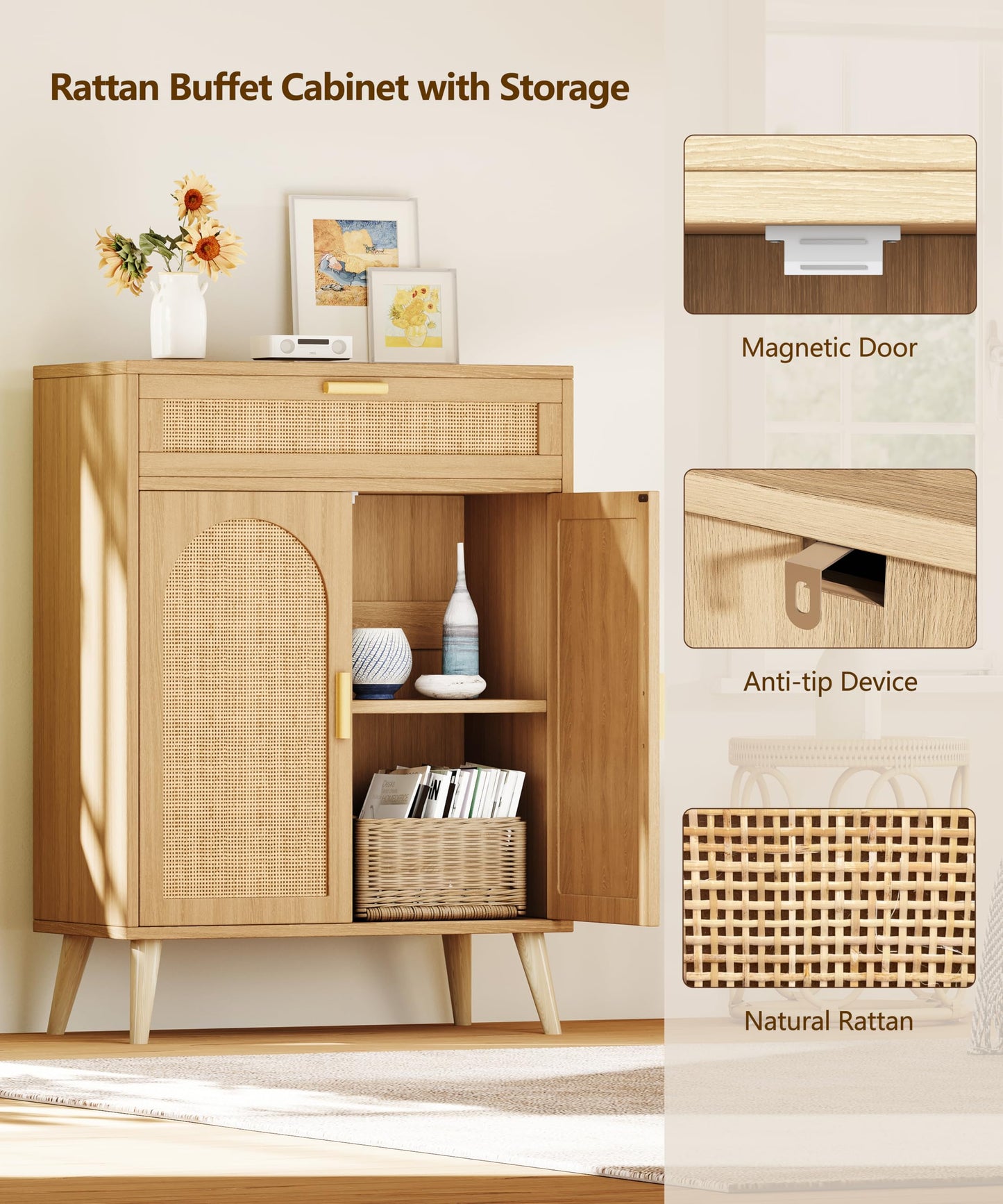 Keehusux Rattan Sideboard Buffet Cabinet with Drawer and 2 Doors, Accent Storage Cabinet with Adjustable Shelf, Solid Wood Feet, Coffee Bar for Kitchen, Living Room, Entryway, Natural Oak