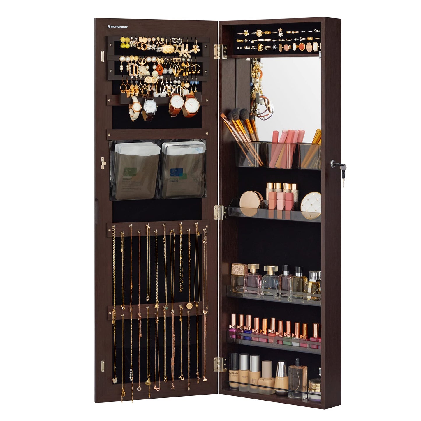 SONGMICS Jewelry Cabinet Armoire, Wall or Door Mount Storage Organizer with Full-Length Frameless Mirror, Lockable Cabinet with Built-in Small Mirror, Shelves, Gift Idea, Brown UJJC003K01