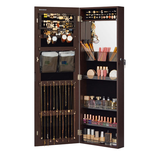 SONGMICS Jewelry Cabinet Armoire, Wall or Door Mount Storage Organizer with Full-Length Frameless Mirror, Lockable Cabinet with Built-in Small Mirror, Shelves, Gift Idea, Brown UJJC003K01