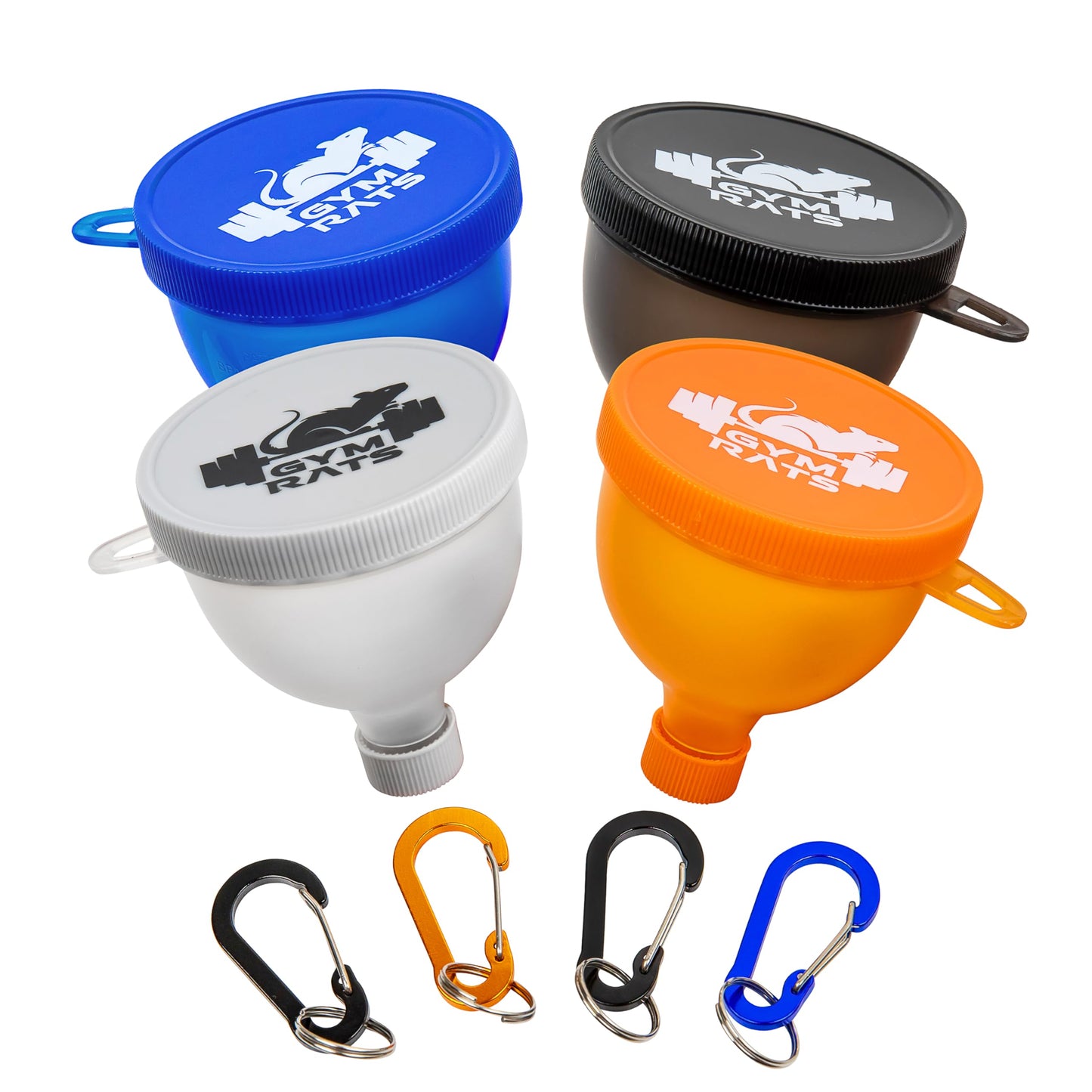 Protein Powder Funnel to Go with Carabiners & Reinforced Caps - 4 Pack (Water Bottle Approve)