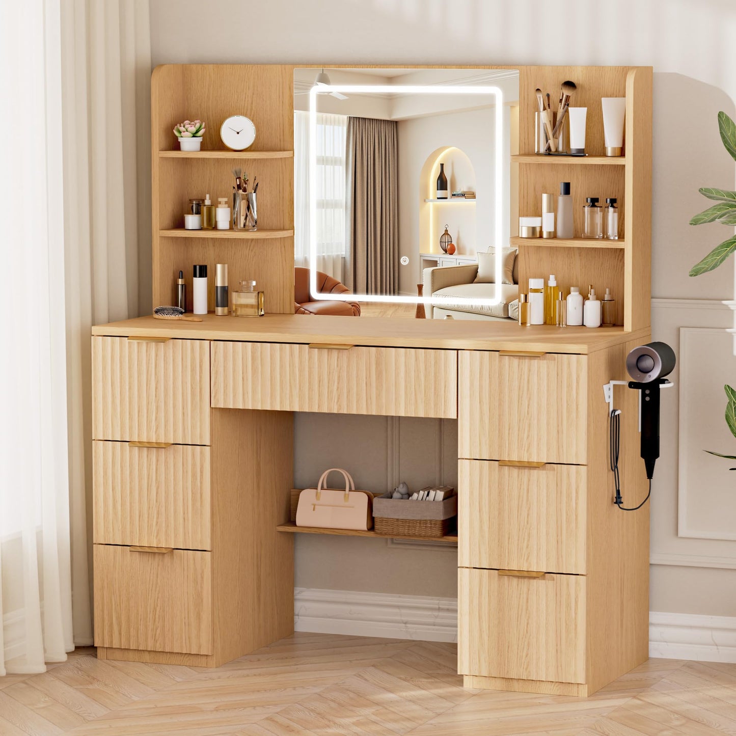 LIVELYGLOW 43" Large Natural Wood Makeup Vanity Desk with Charging Station
