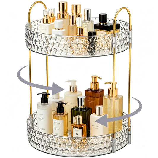 360° Rotating Acrylic Storage Rack, 2-Tier Large Capacity Makeup Organizer for Bathroom Countertop & Vanity, Clear Cosmetic Holder for Skincare, Perfume & Beauty Essentials