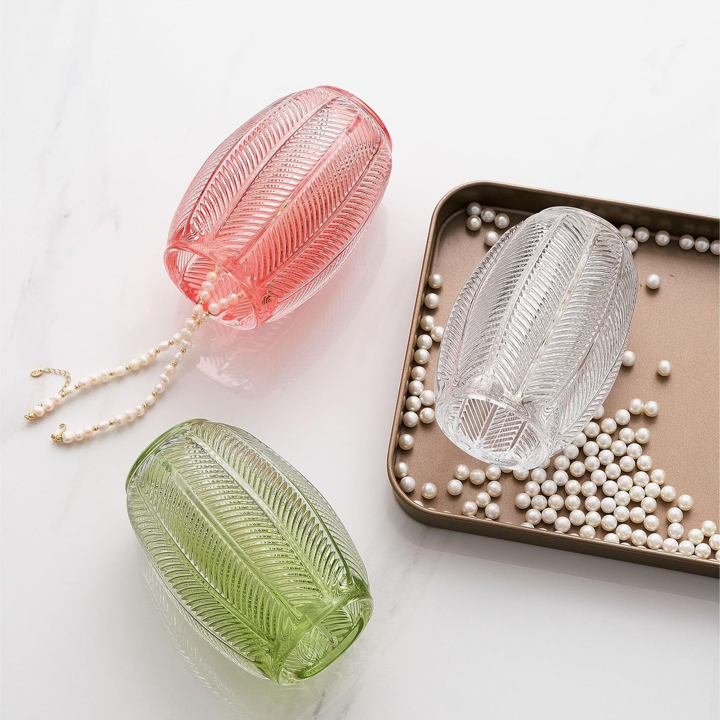 Gaolinci Leaf Stripes Clear Tumbler Cup Makeup Brush Toothbrush Holder for Bathroom, Vanity, Countertop, Desk and Bedside Table