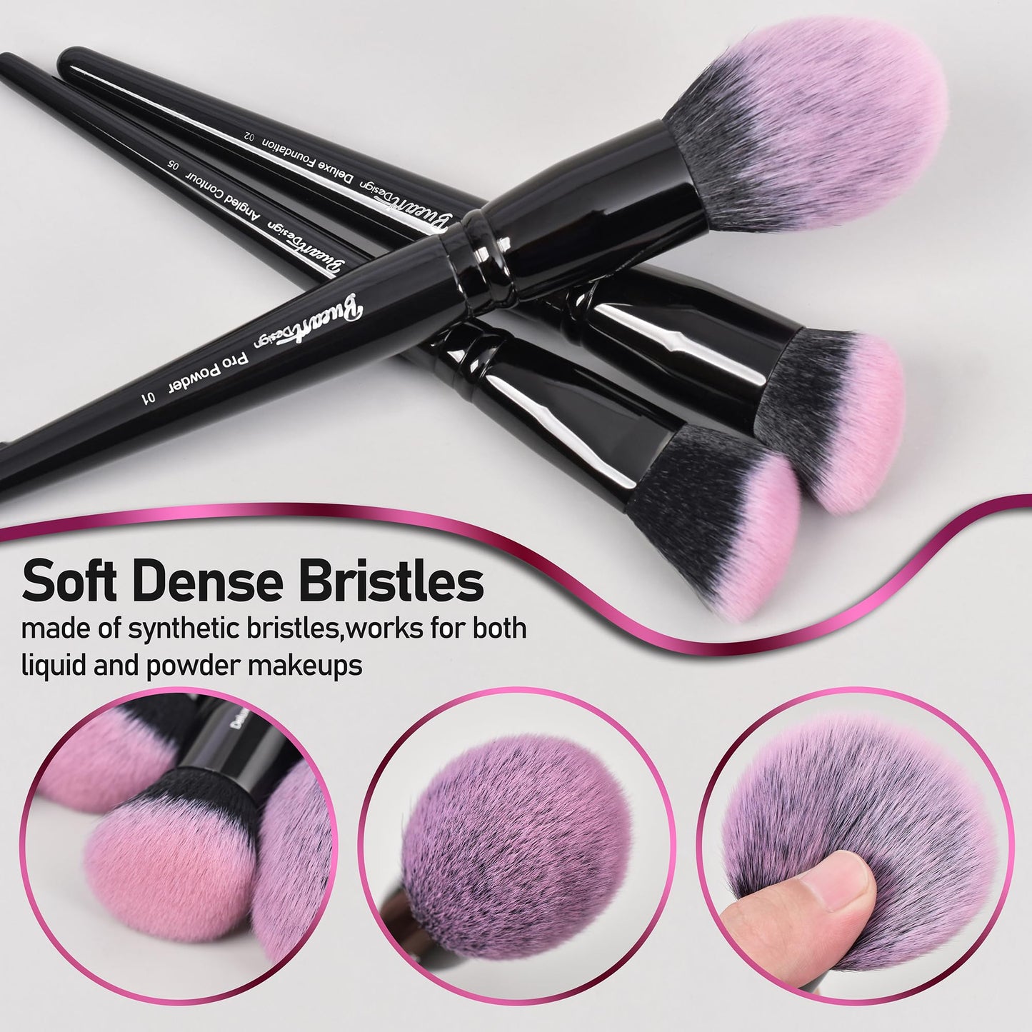 Bueart Design 18Pcs Pro Deluxe Fuchsia Pink Black Makeup Brushes set with Travel Make up Brush Holder case Foundation concealer contour Blush eyeshadow face make up brush set