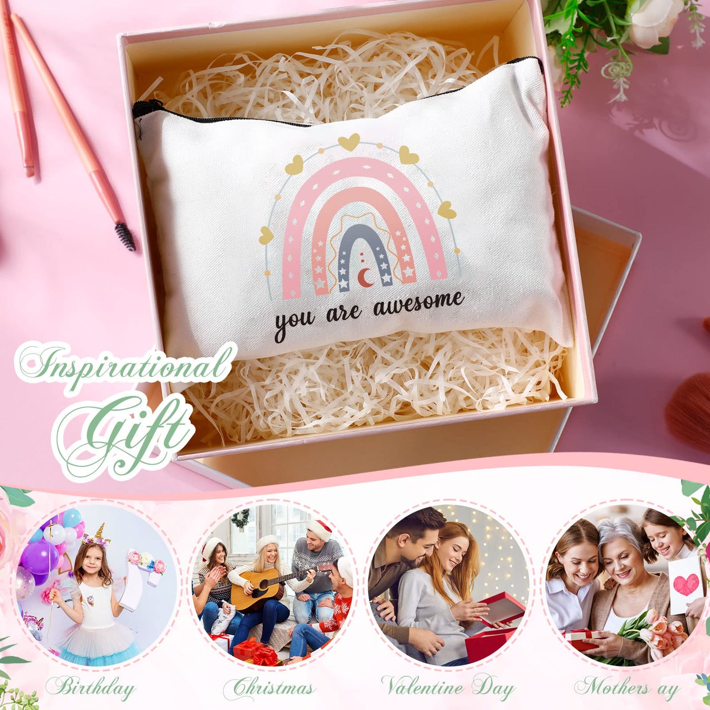 Chunful 10 Pieces Inspirational Canvas Makeup Bags for Women Graduation Gift Rainbow Canvas Cosmetic Bags Bulk with Zipper Friendship Gift Travel Toiletry Pouch(Moon Style)