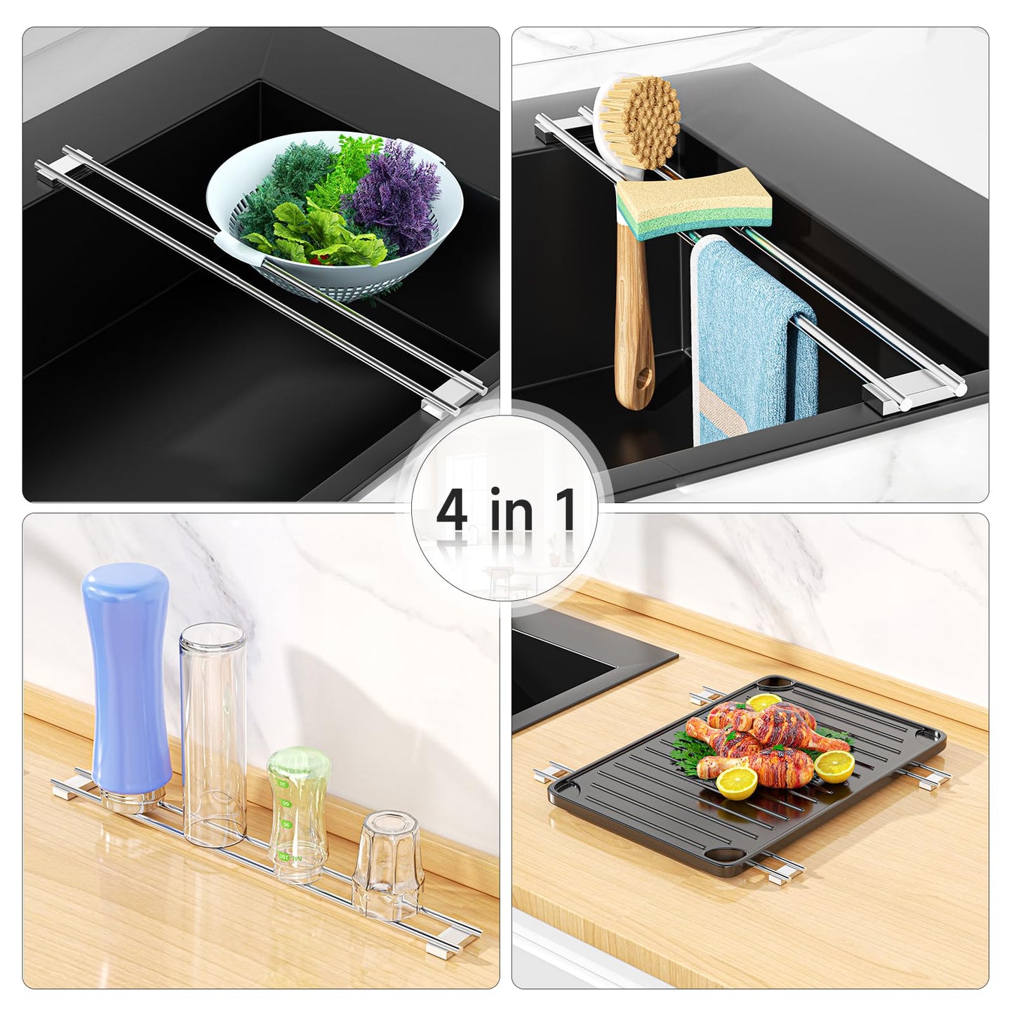 XILIMEN Dish Cloth Holder for Kitchen Sink, Adjustable Over-The-Sink Dish Rag Rack, Metal Kitchen Racks Sink Brush Holder, Drying Rack for Dishcloths, Sponges, Brushes, and Bottles (1, Sliver)