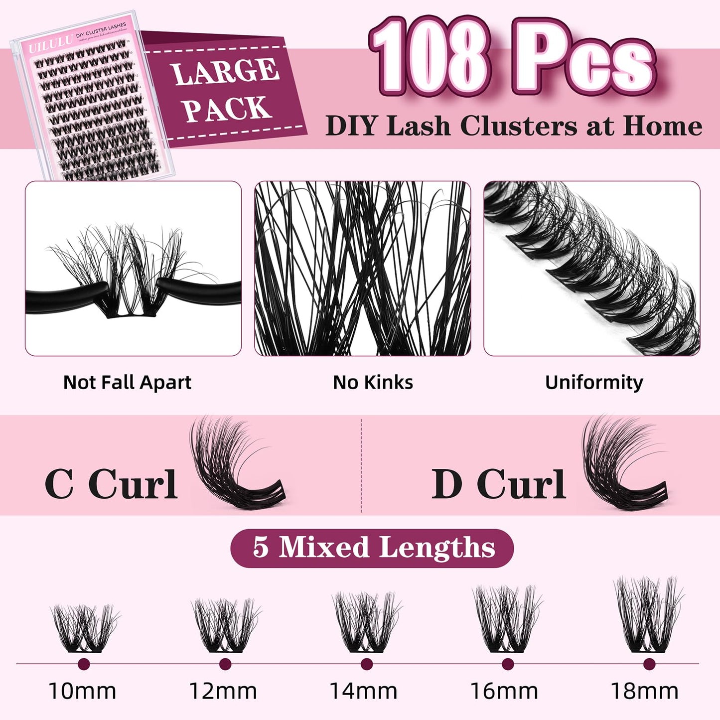 Uilulu Lash Clusters Kit for DIY Lash Extension at Home, False Eyelashes Set with Bond Seal, Lash Remover, Brush, Tweezers, D Curl Wispy Individual Clusters Eye Lash Extensions Kit (U10 Kit)