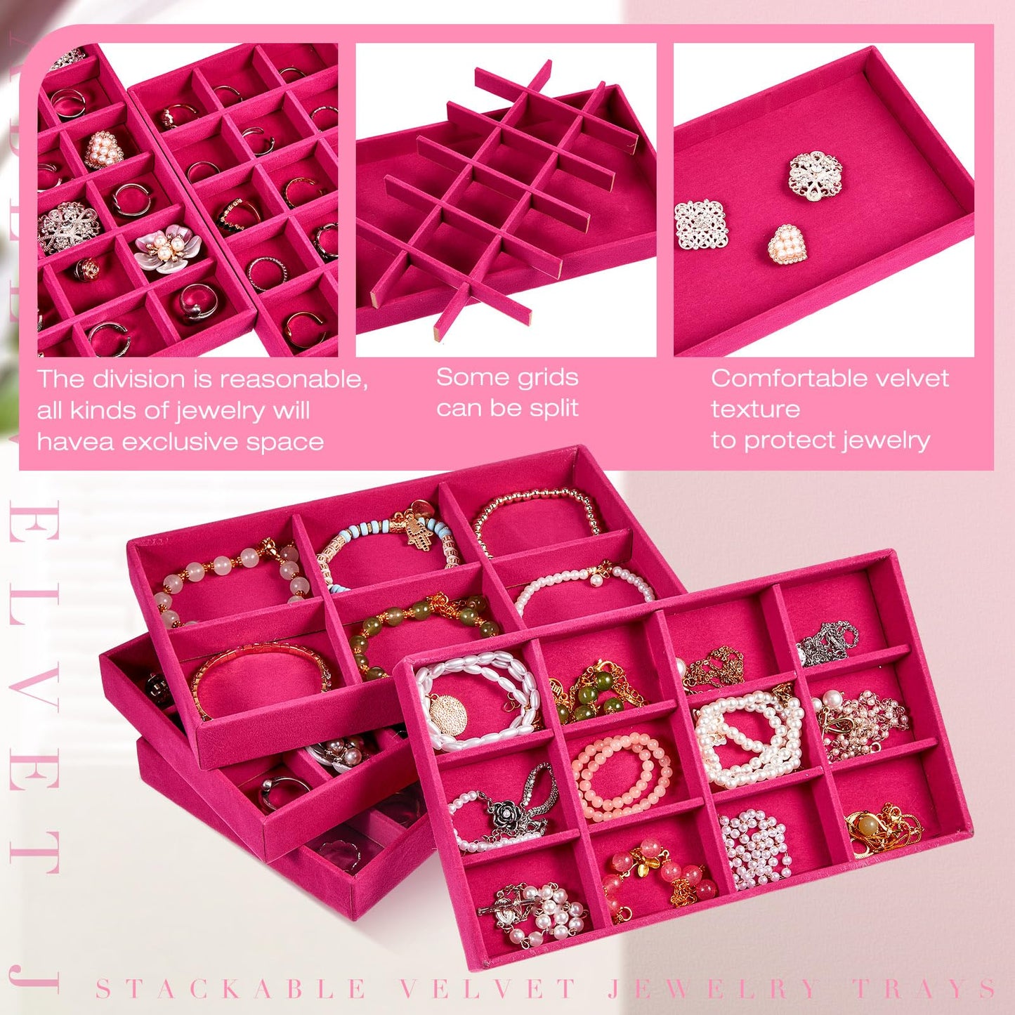 Junkin 12 Pcs Jewelry Tray Velvet Stackable Jewelry Organizer Trays Divided Earring Accessories Storage Containers Box (Rose Red)