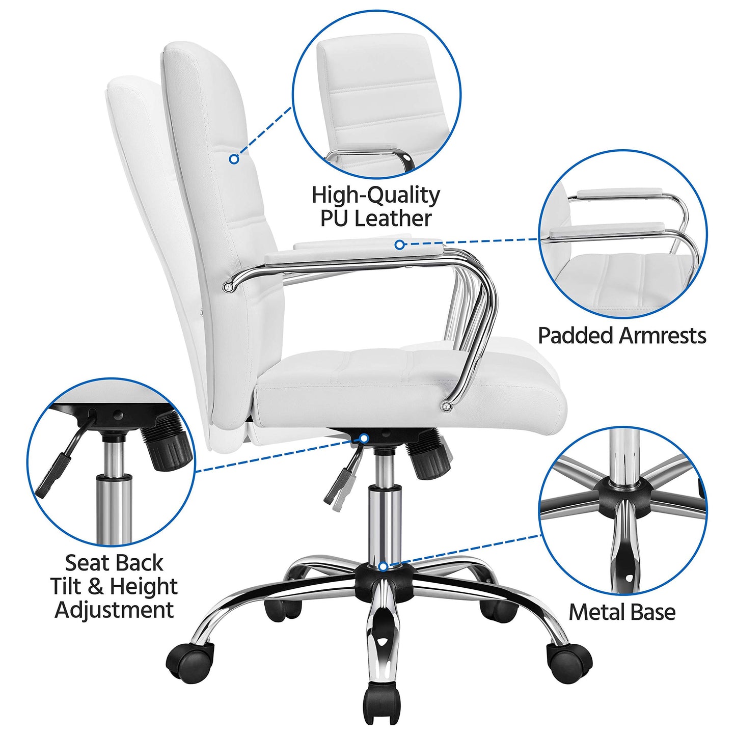 Yaheetech Office Desk Chair Mid-Back Leather Computer Chair Height Adjustable Ergonomic Executive Chair w/Lumbar Support Comfy Thick Padded Armrests and Seat, White