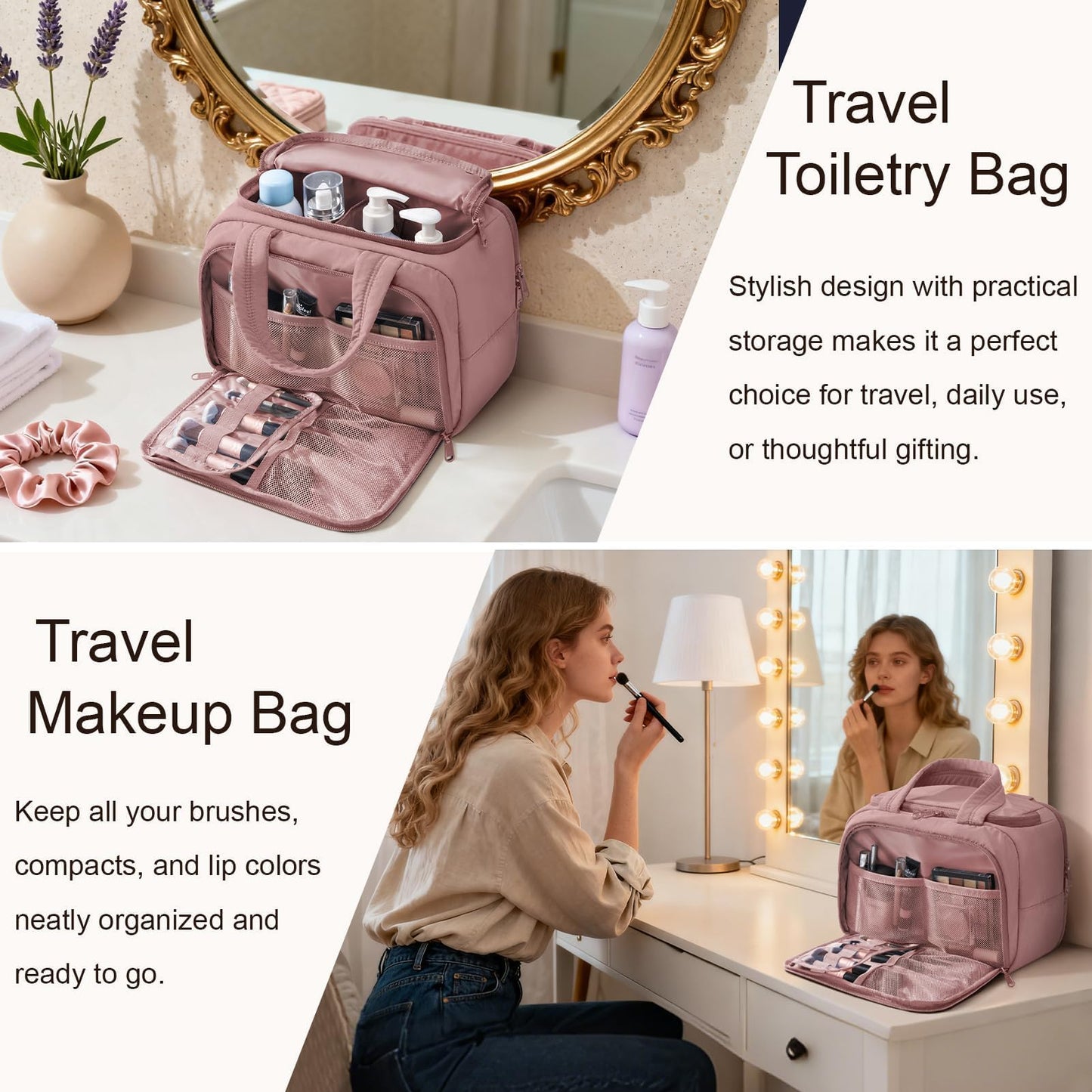 Bagstellar Travel Toiletry Bag for Women, Lightweight Large Quilted Puffy Makeup Bag Wide-open Make up Organizer Cloud Cosmetic Bag w/Handle for Traveling, Toiletries Essentials Accessories Dark Pink