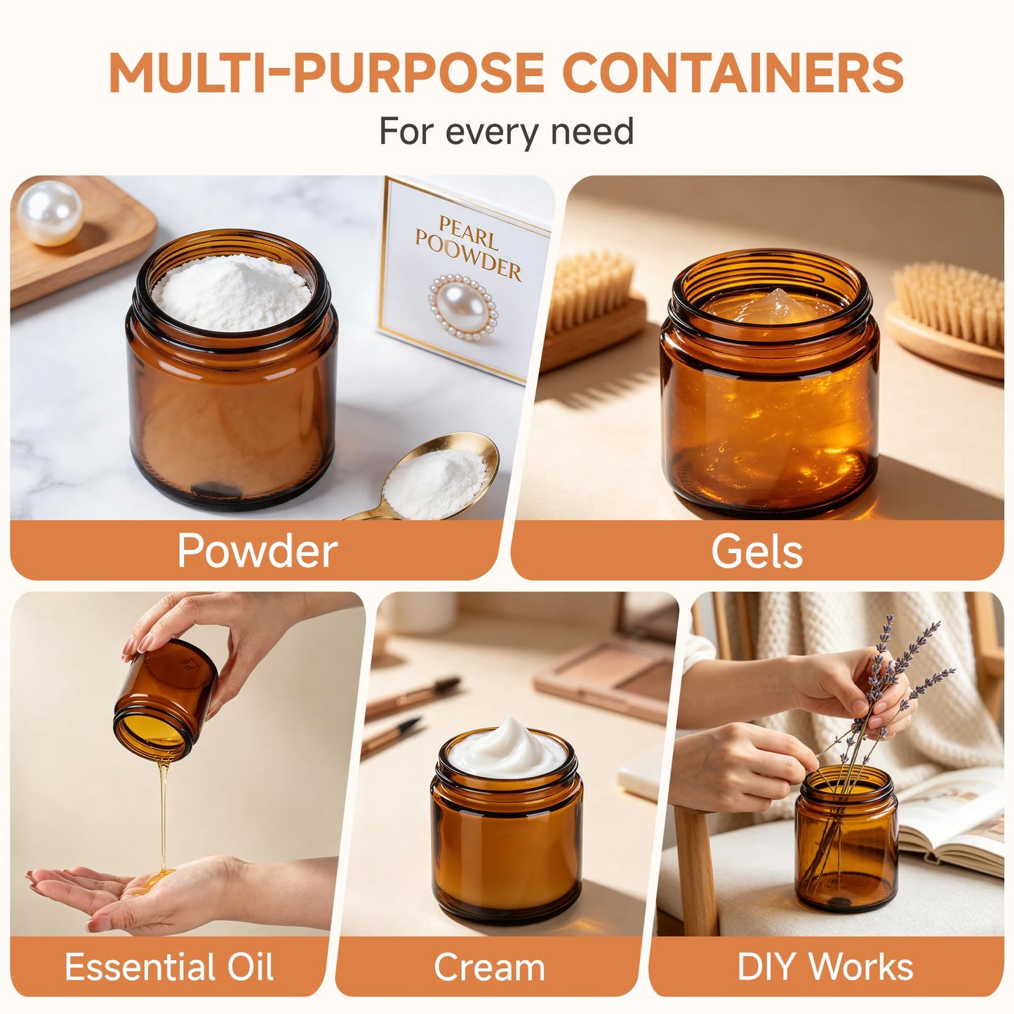 Vitreaux 4oz Amber Glass Jars with Lids,24 Pack Small Glass Jars with Black Lid,Leakproof Airtight Reusable Empty Cosmetic Containers with Inner Liners for Lotion,Body Scrub,Candle Making&Cream