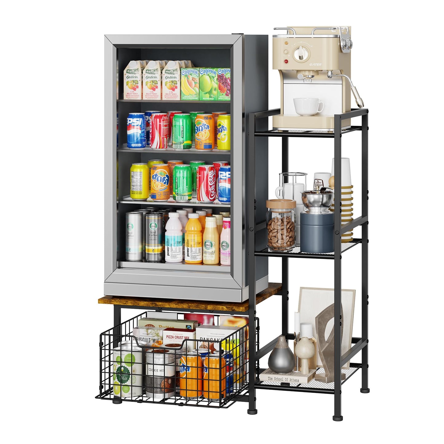 Yuyetuyo Mini Fridge Stand with Storage, Coffee Bar with Mini Fridge Space, Small Refrigerator Stand, Wine Cabinet, Kitchen Storage with Basket for Dorm, Apartment, Living Room, Office