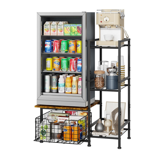 Yuyetuyo Mini Fridge Stand with Storage, Coffee Bar with Mini Fridge Space, Small Refrigerator Stand, Wine Cabinet, Kitchen Storage with Basket for Dorm, Apartment, Living Room, Office